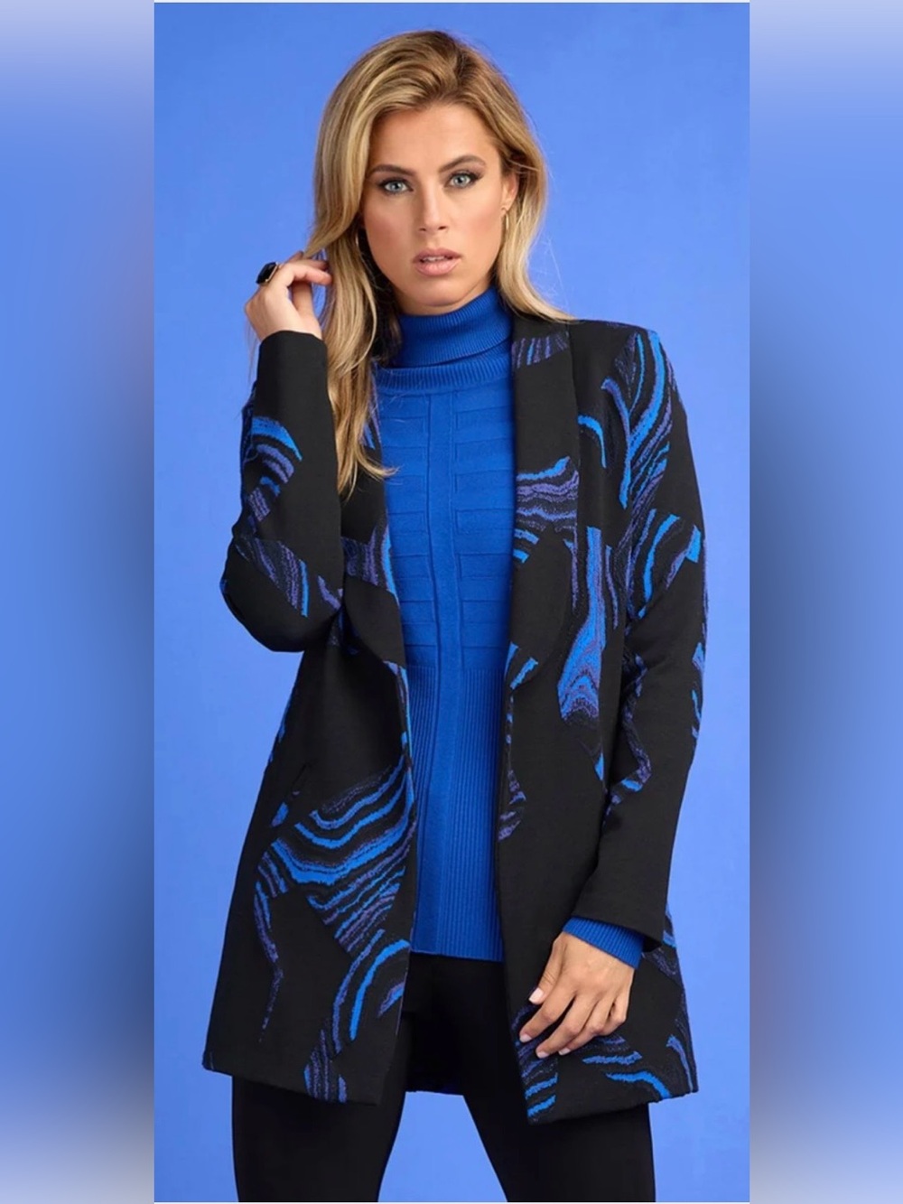 Frank Lyman Design Black Cardigan with Blue Abstract Pattern